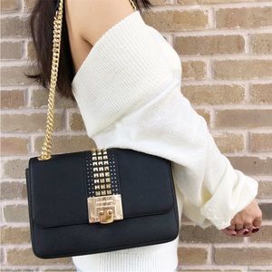 Michael Kors Tina Stud Medium Black Gold Chain Shoulder Tote Crossbody Bag